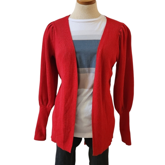 Cabi Sweater Womens Red Cardigan Cabaret Ribbed Cotton Balloon - Picture 3 of 15
